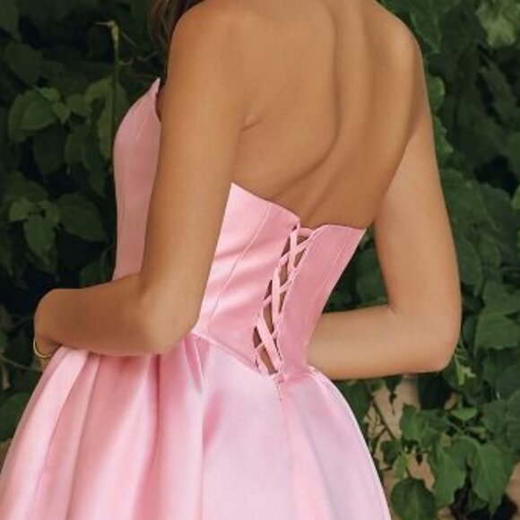 New Navy Fit and Flare Formal Dress w/ Basque Waistline & Lace Up Back CD T822 - Picture 6 of 10